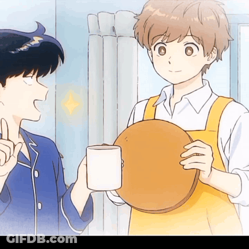Man In Apron Holding Plate And Coffee GIF