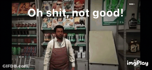 Man In Apron In Front Of Magazines With Oh Shit Not Good GIF