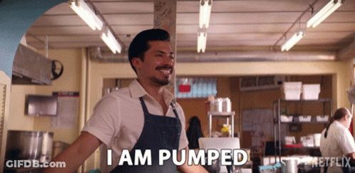 Man In Apron Smiling Says I Am Pumped GIF