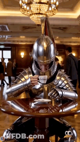 Man In Armor Drinking Tea At Table GIF