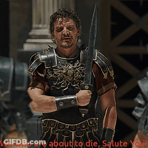 Man In Armor Holding Sword We Who Are About To Die Salute You GIF