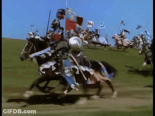 Man In Armor Riding Horse In Rain GIF
