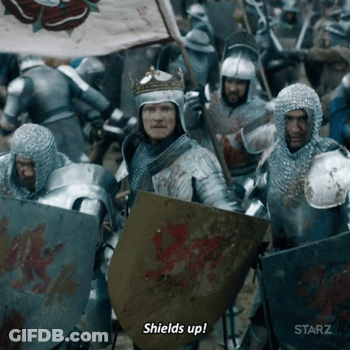 Man In Armor Says Shields Up In Front Of Crowd GIF