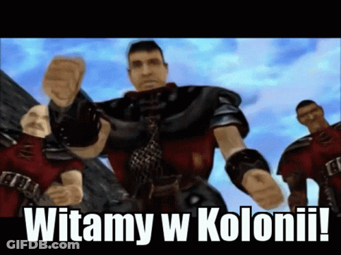 Man In Armor Standing Before Witamy W Kolonii Sign GIF