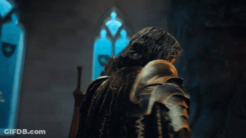 Man In Armor Standing By Window With Shield GIF