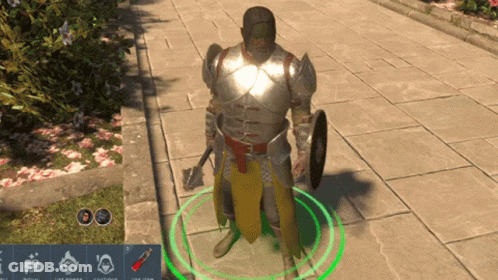 Man In Armor With Shield And Axe On Sidewalk GIF