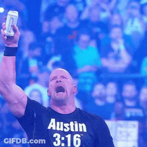 Man In Austin 3:16 T-Shirt Holding Can GIF