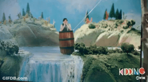 Man In Barrel Over Waterfall Kidding Showtime GIF