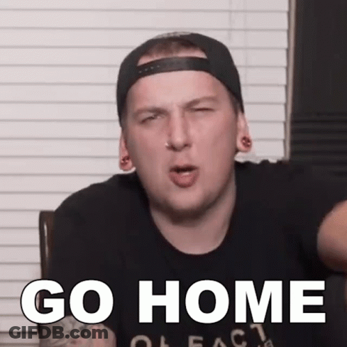 Man In Baseball Cap And Go Home Shirt GIF