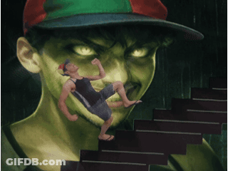 Man In Baseball Cap Falling Down Stairs GIF