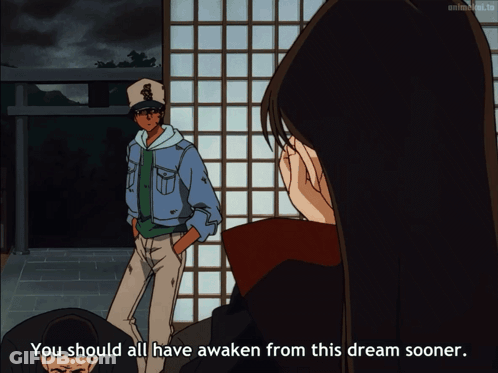 Man In Baseball Cap Next To Woman Saying You Should All Have Awaken From This Dream Sooner GIF