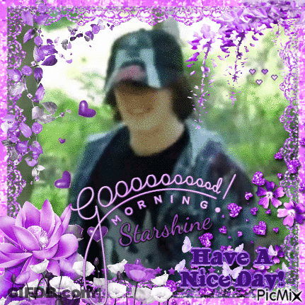 Man In Baseball Cap Surrounded By Purple Flowers And Hearts Saying Good Morning Starshine Have A Nice Day GIF
