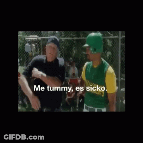 Man In Baseball Uniform Says Me Tummy Es Sicko GIF