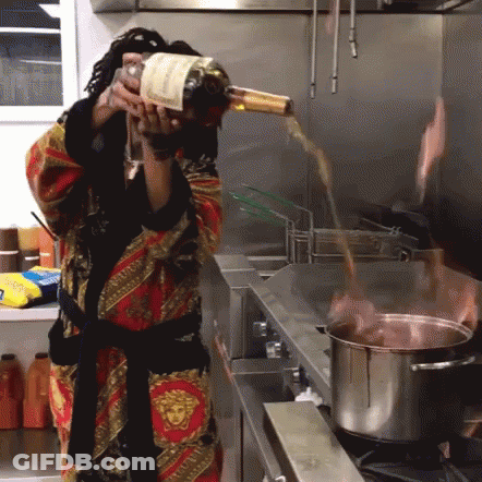 Man In Bathrobe Pouring Wine Into Pot GIF
