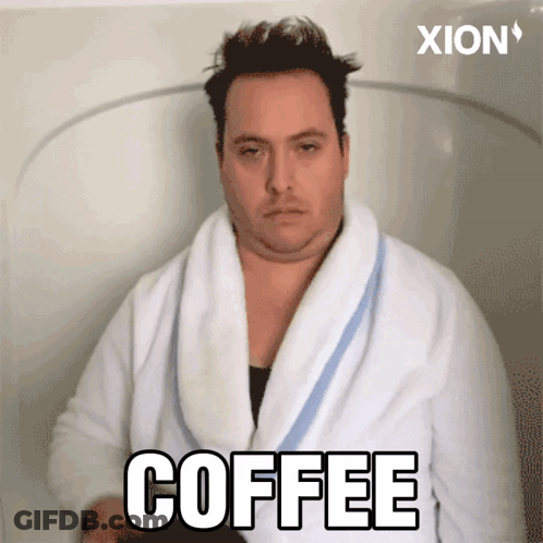 Man In Bathrobe With Coffee Written On Chest GIF
