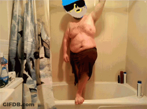 Man In Bathtub With Penguin Shower Curtain GIF