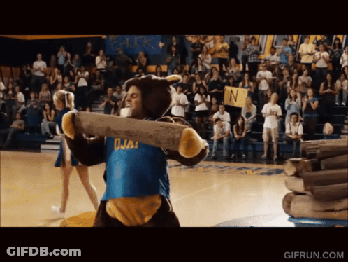 Man In Bear Costume Carrying Log With Chick Sign GIF