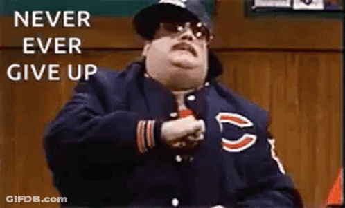 Man In Bear Jacket Saying Never Ever Give Up GIF