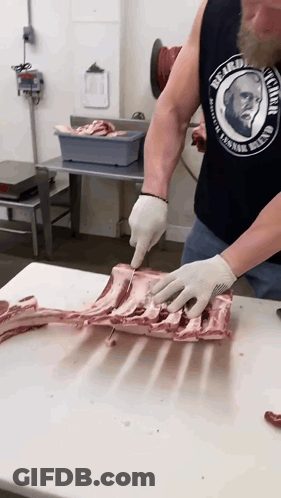 Man In Bearded David Tank Top Cuts Meat GIF