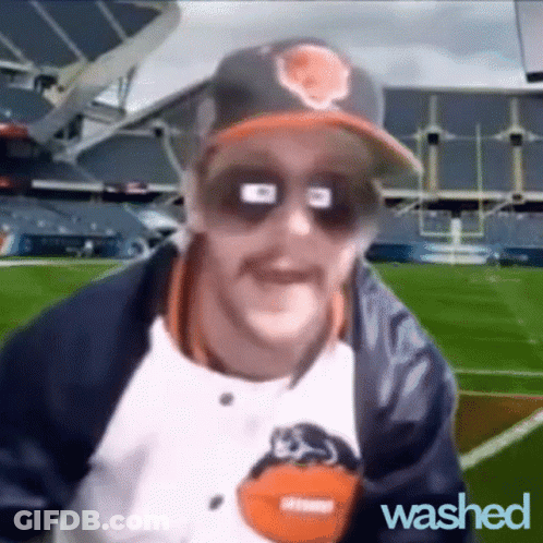 Man In Bears Hat And Sunglasses In Front Of Stadium Washed GIF
