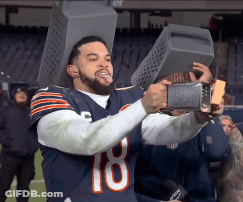 Man In Bears Jersey 18 Holding Crate On Head GIF