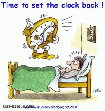 Man In Bed With Clock Saying Time To Set The Clock Back GIF