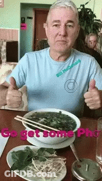 Man In Bill McDonald's Shirt Thumbs Up With Soup GIF