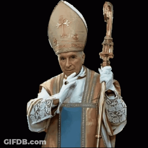 Man In Bishop Hat Holding Cane GIF