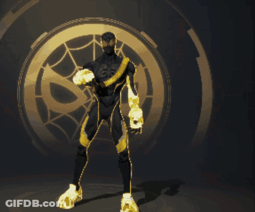 Man In Black And Gold Superhero Suit In Front Of Spider Web GIF