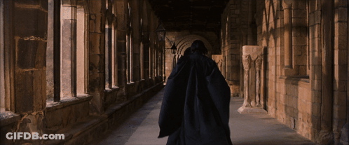 Man In Black Cloak Walking Stone Hallway GIF