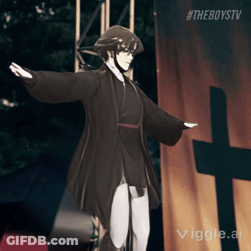 Man In Black Coat Standing Before Cross GIF