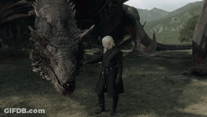 Man In Black Coat Standing Next To Dragon GIF