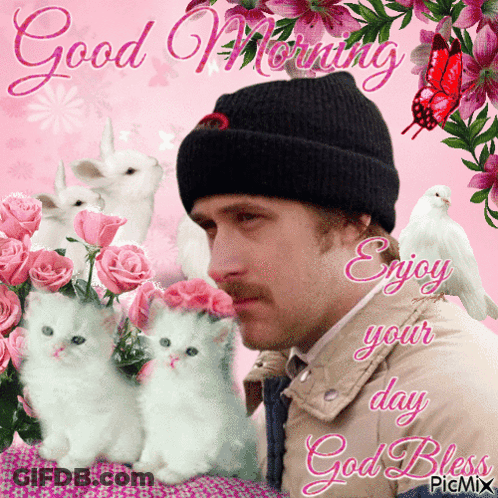 Man In Black Hat Surrounded By Flowers And Kittens GIF