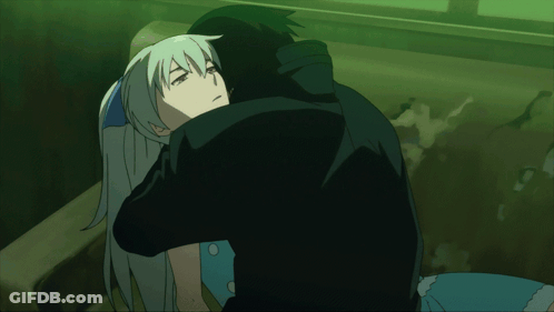 Man In Black Hoodie Hugging Woman With White Hair GIF