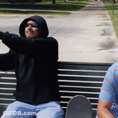 Man In Black Hoodie Sitting On Bench With Skateboard GIF