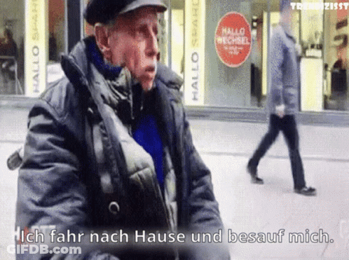 Man In Black Jacket And Hat Says Ich Fahr Nach Hause And Besauf Mich GIF