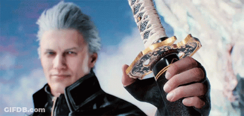 Man In Black Jacket Holding Large Sword GIF