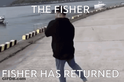 Man In Black Jacket Walking Pier The Fisher Fisher Has Returned GIF