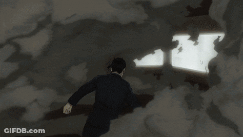 Man In Black Robe Walking Through Smoky Doorway GIF