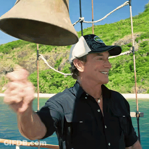 Man In Black Shirt And White Hat Holding Bell GIF