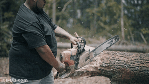 Man In Black Shirt Cutting Tree With Chainsaw GIF