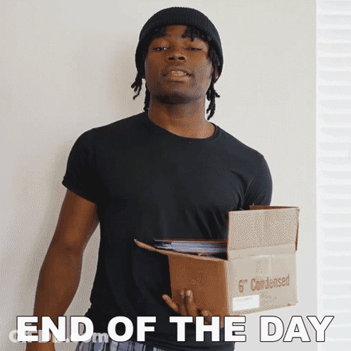 Man In Black Shirt Holding Box Saying End Of The Day GIF