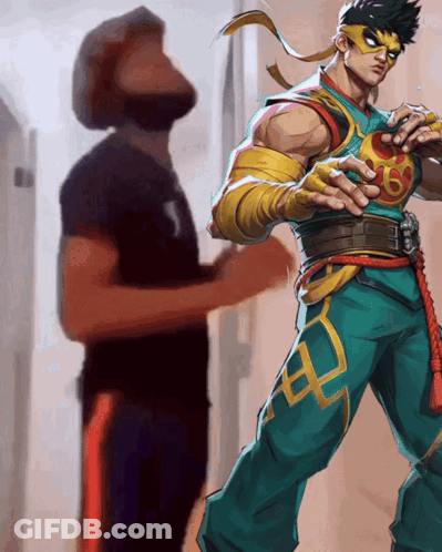 Man In Black Shirt Next To Cartoon Character GIF