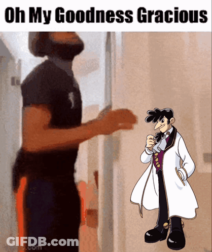 Man In Black Shirt Next To Cartoon Saying Oh My Goodness Gracious GIF