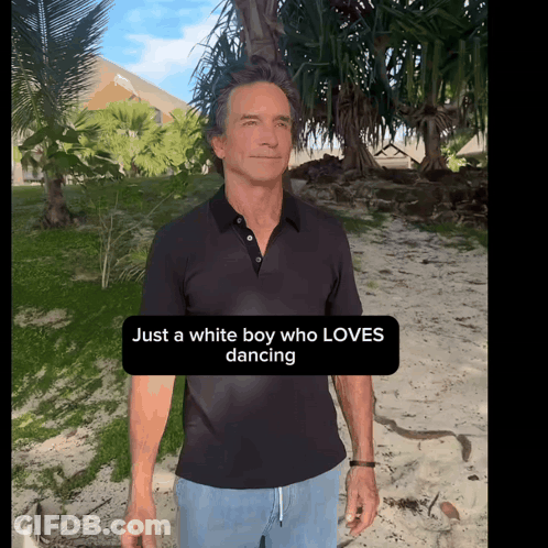 Man In Black Shirt On Beach Just A White Boy Who Loves Dancing GIF