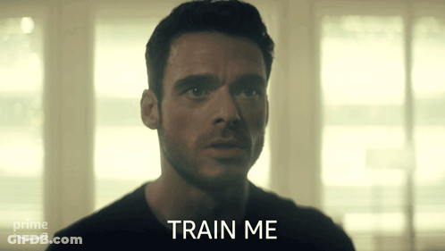 Man In Black Shirt Says Train Me In Front Of Prime Logo GIF