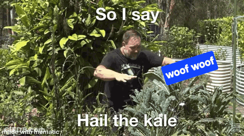 Man In Black Shirt Standing With Woof Woof Sign GIF