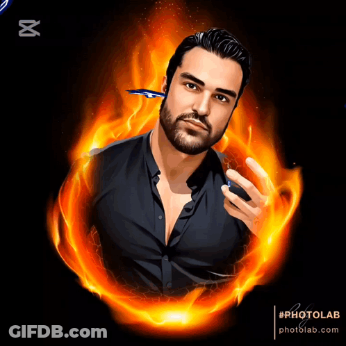 Man In Black Shirt Surrounded By Flames Photolab GIF