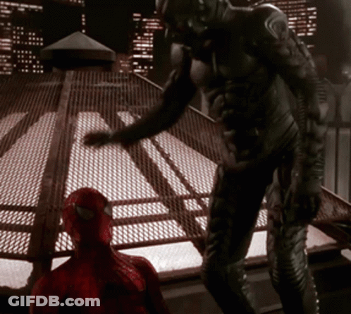 Man In Black Suit Next To Spider Man In Red Suit GIF