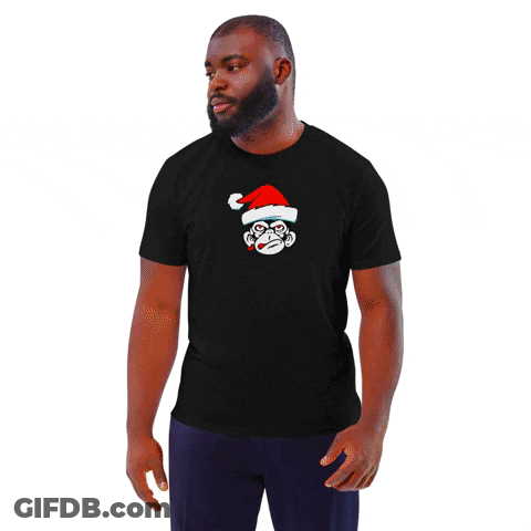 Man In Black T-Shirt With Monkey In Santa Hat GIF